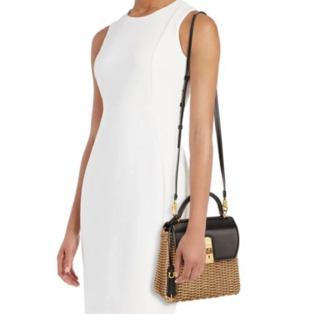 SALVATORE FERRAGAMO MEDIUM BOXYZ LEATHER TRIMMED NATURAL STRAW TOP HANDLE BAG - Picture 4 of 16